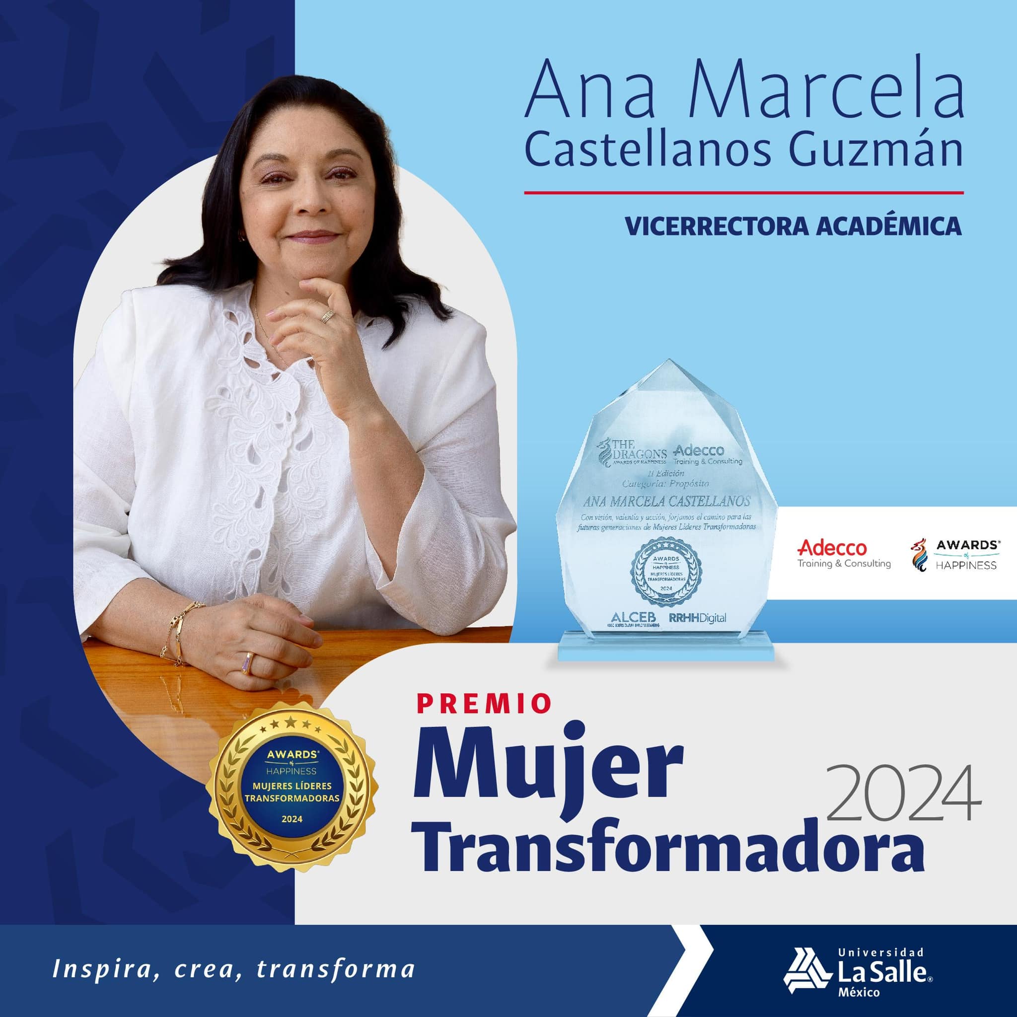Por sus más de cuatro décadas dando valor a la labor docente, la Mtra. Ana Marcela Castellanos Guzmán, vicerrectora Académica de nuestra universidad, fue reconocida como una de las Mujeres Líderes Transformadoras.
